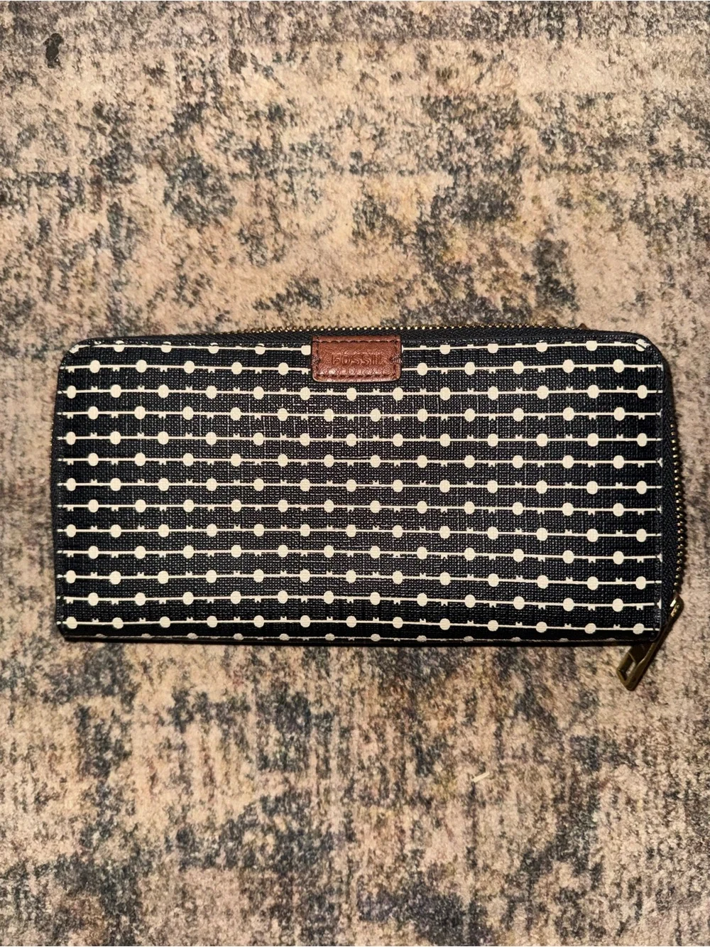 Fossil Black and White Dot-Stripe Zip Wallet with Brown Logo Patch